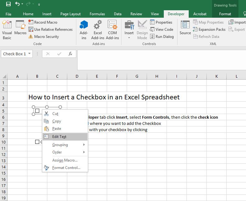insert a checkbox in excel for mac